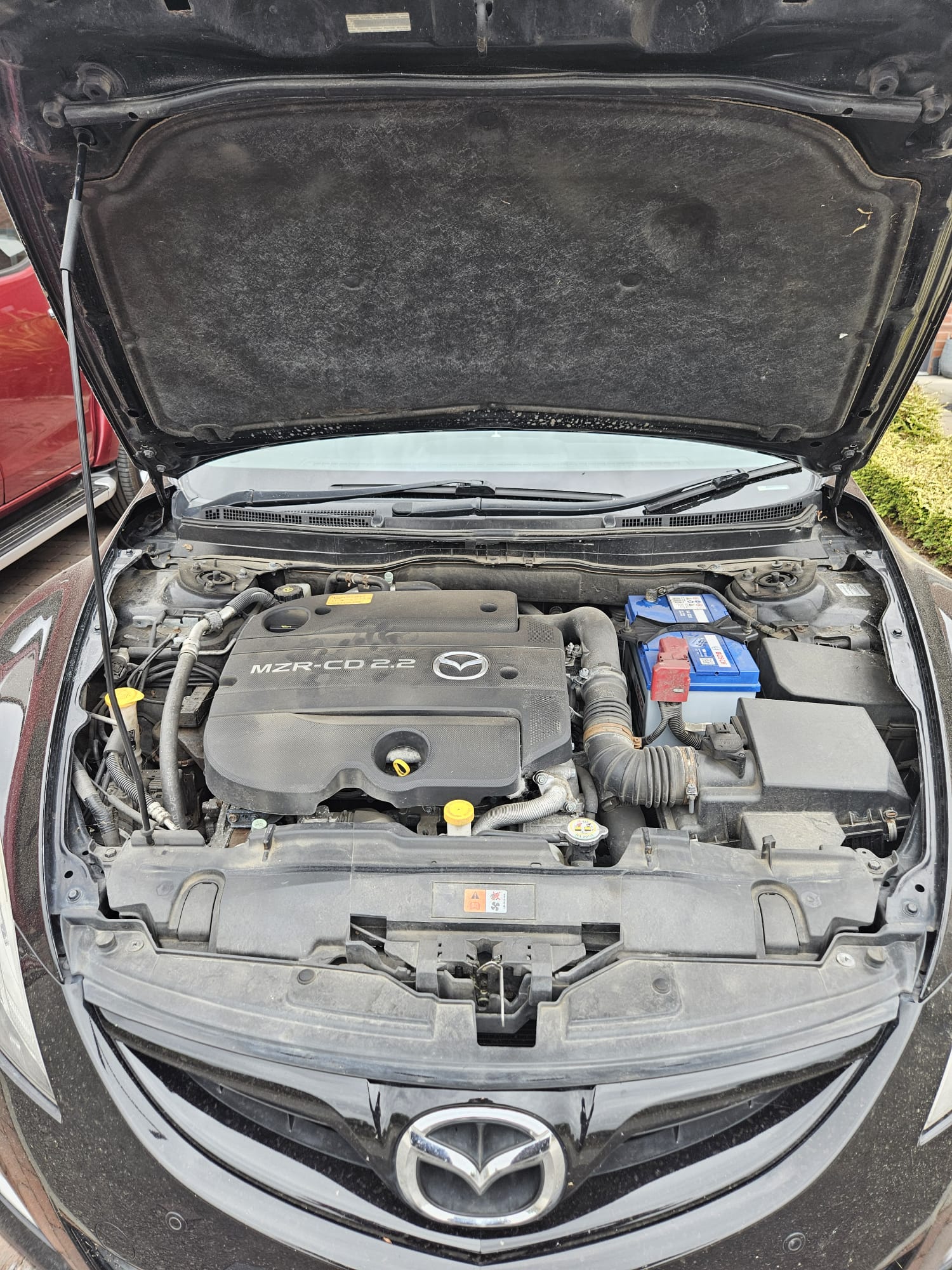 Mazda engine bay before cleaning