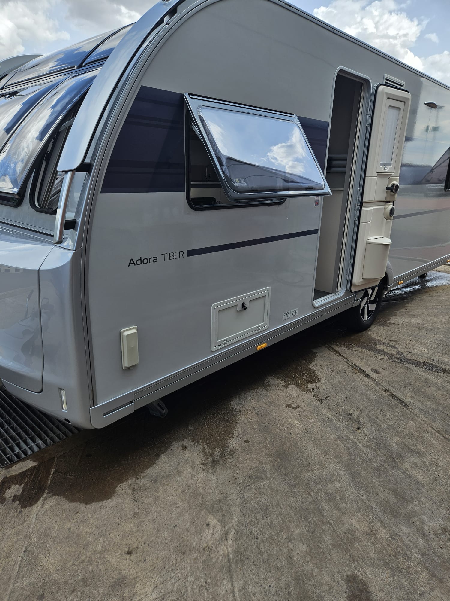 White Adora caravan after an exterior clean